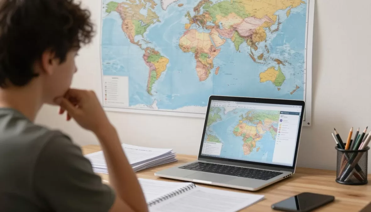 Person reviewing world map and documents making relocation decision