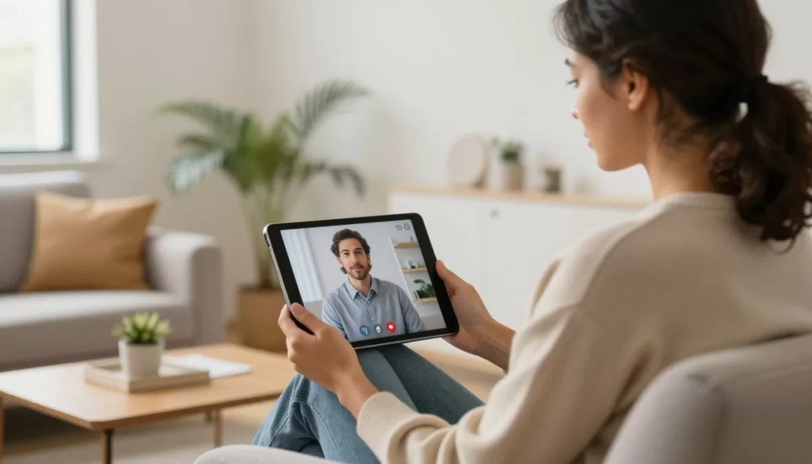 Person using tablet for online therapy session in comfortable home setting