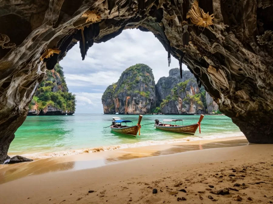 Phra Nang Beach cave Railay limestone formations longtail boats