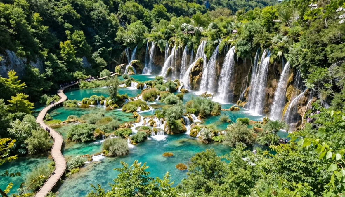 Plitvice Lakes National Park Croatia with turquoise lakes and waterfalls connected by wooden walkways