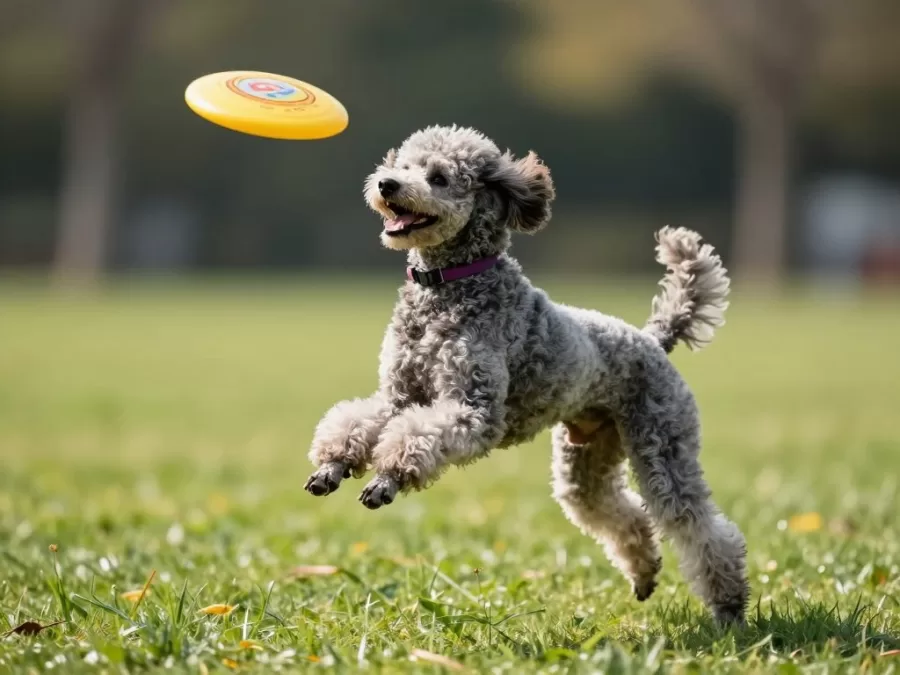 Poodle dog breed playing and showing athleticism