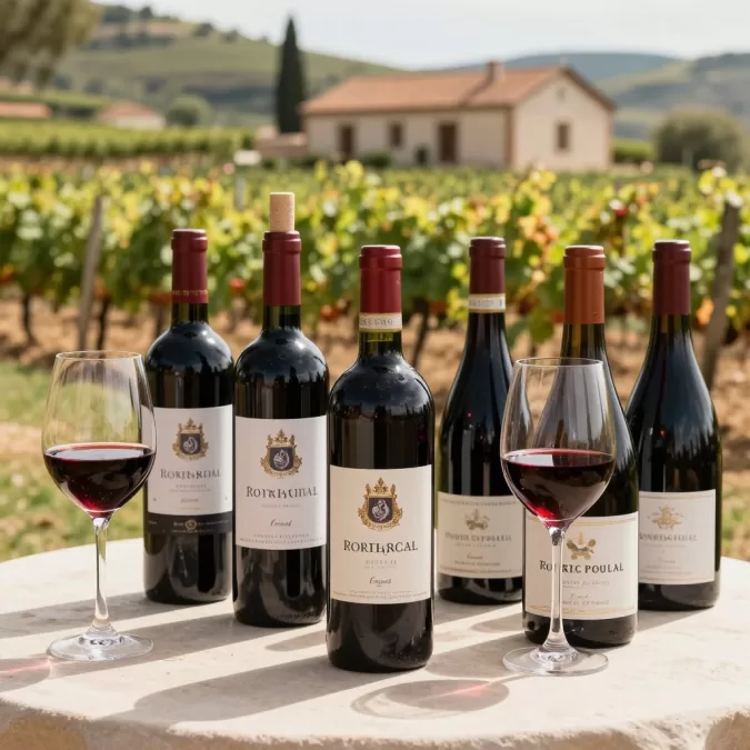 Portuguese wine bottles and glasses with vineyard landscape in Douro Valley