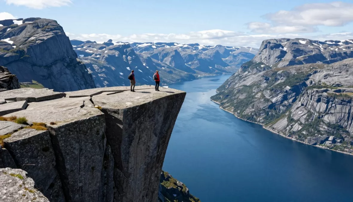 Preikestolen Pulpit Rock cliff overlooking Lysefjord in Norway with hikers on the edge