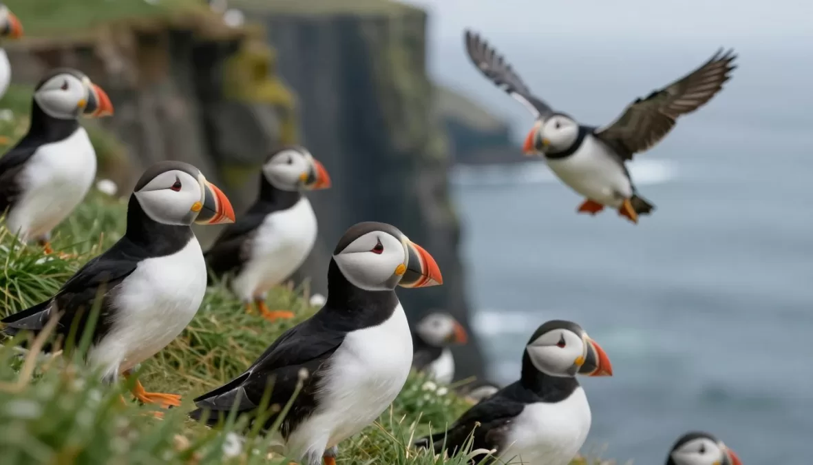 Puffins nesting on coastal cliffs in Iceland during summer breeding season