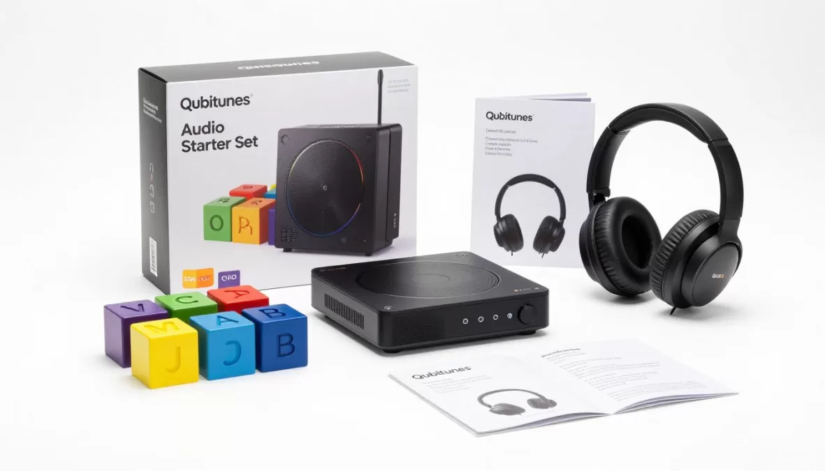 Qubitunes Audio Starter Set complete package with colorful blocks