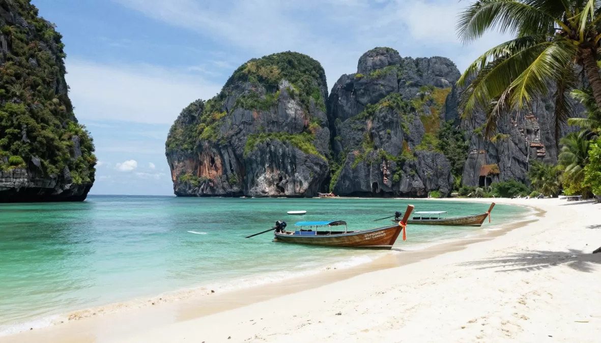 Railay Beach Thailand limestone cliffs turquoise water longtail boats