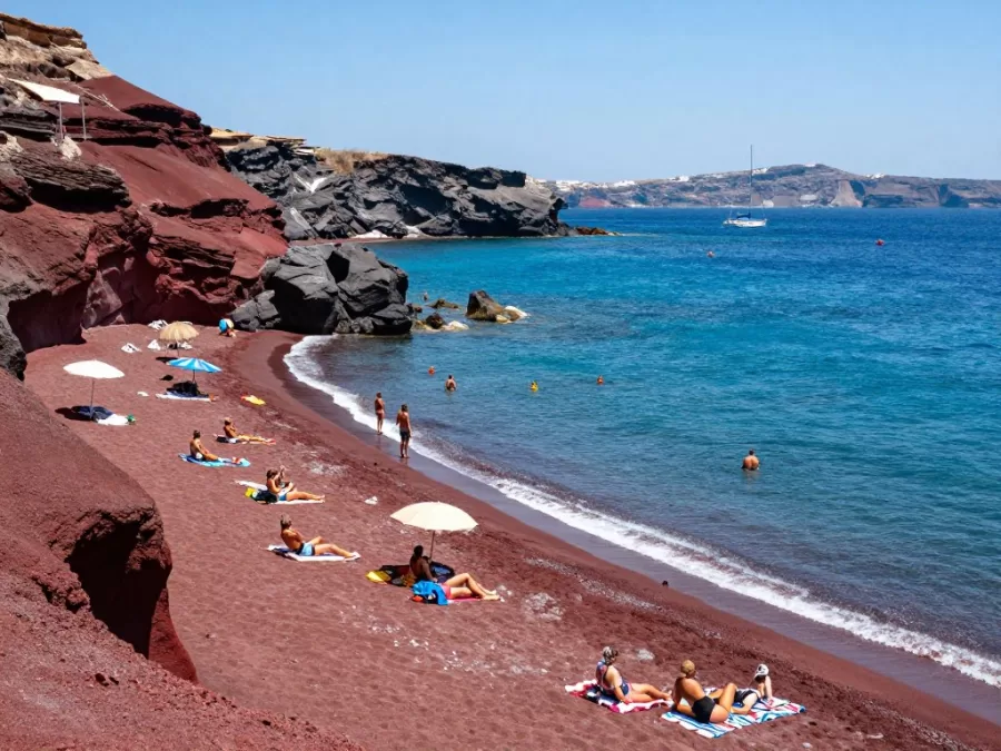 Red Beach in Santorini with distinctive red volcanic cliffs and crystal clear water