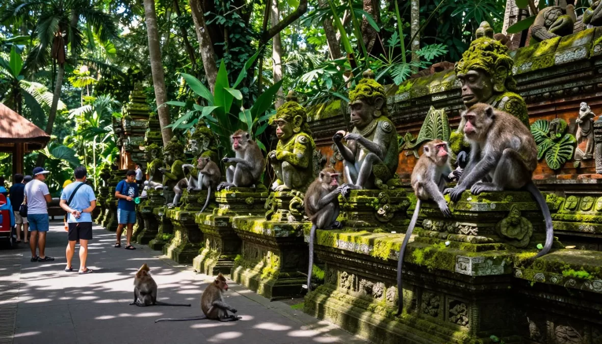 Sacred Monkey Forest Sanctuary in Ubud with long-tailed macaques among ancient temples