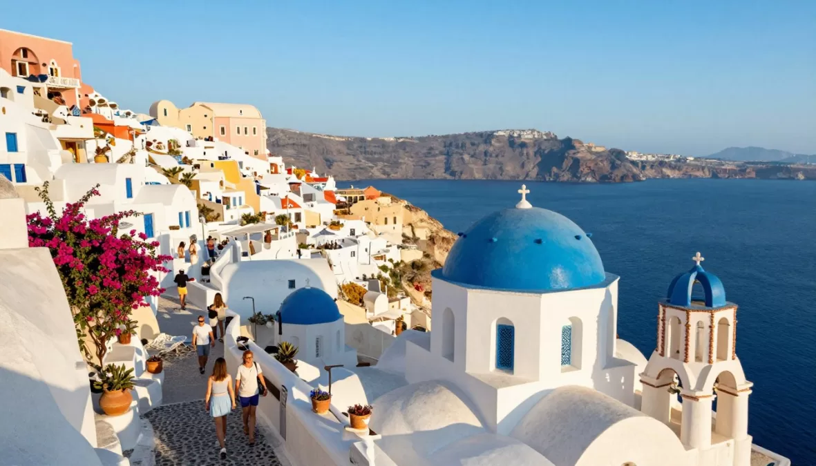 Santorini white-washed buildings with blue domes overlooking the Aegean Sea at sunset during summer