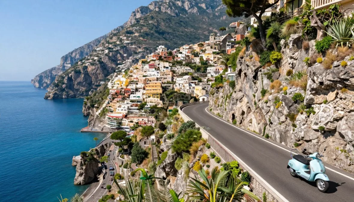 Scenic coastal drive along the Amalfi Coast with winding roads and sea views