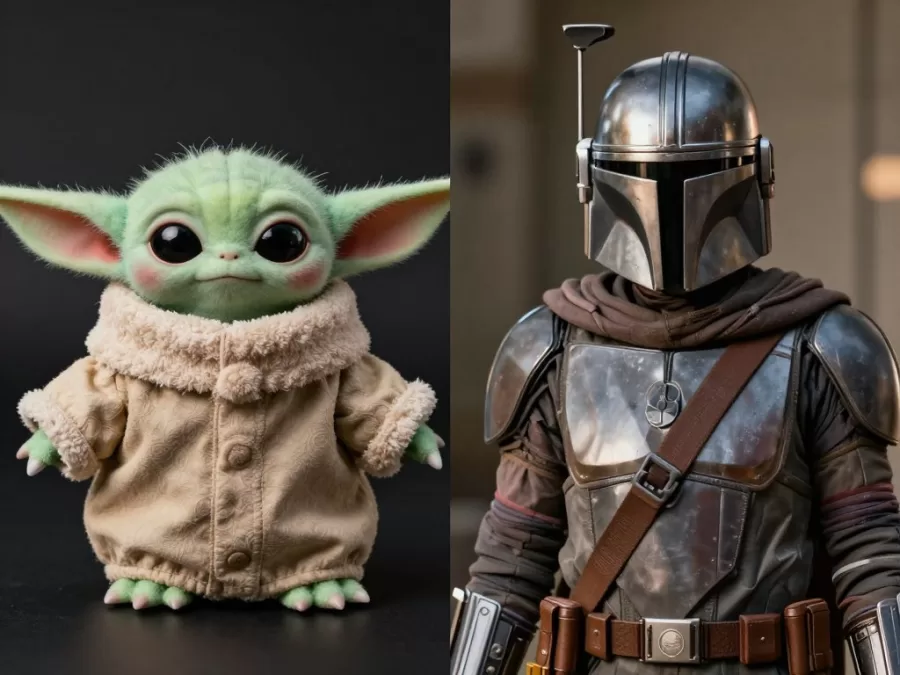 Side-by-side comparison of Interactive Grogu plush with on-screen character