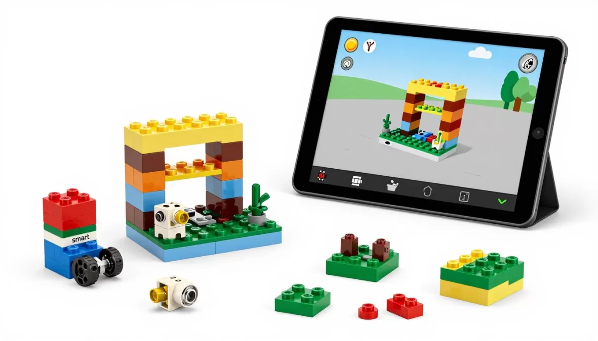Smart Lego construction sets with digital building instructions on tablet