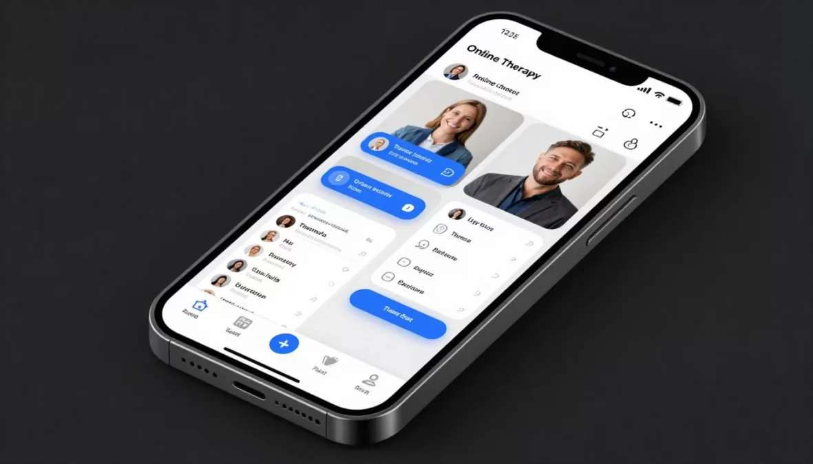 Smartphone displaying various online therapy platform apps and features