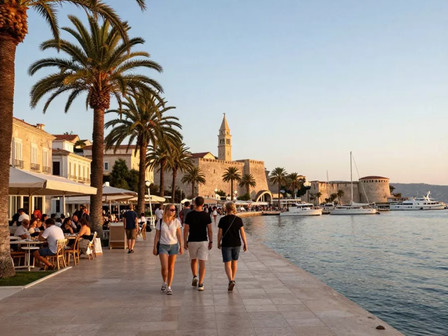 Split Croatia waterfront promenade with palm trees and Diocletian Palace in background
