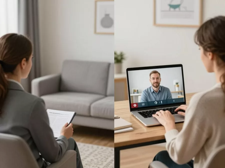 Split screen comparison showing traditional therapy office and home-based online therapy setup