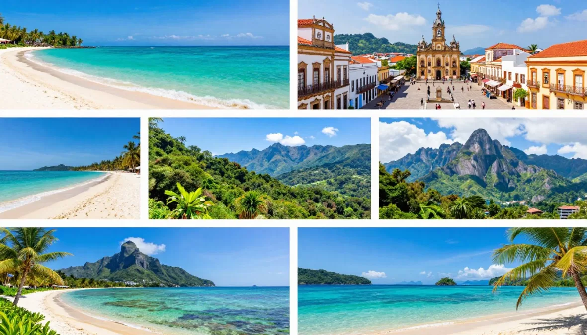 Stunning summer travel destinations collage showing pristine beaches, ancient cities, and natural wonders around the world