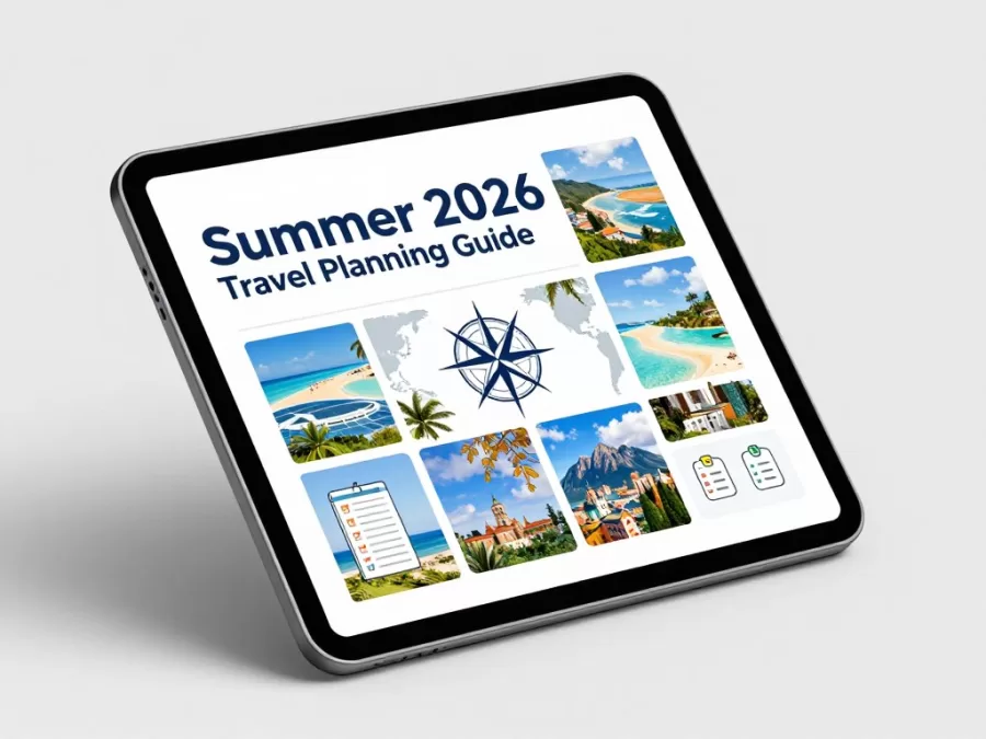 Summer 2026 travel planning guide cover showing world destinations and travel icons