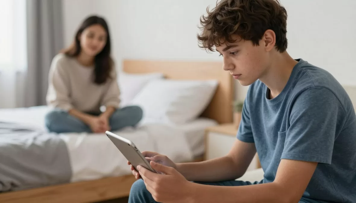 Teen using online therapy platform with parent nearby