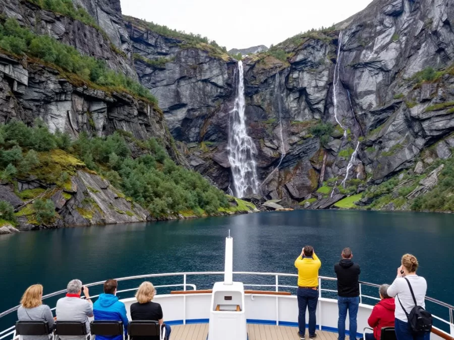 Tourist cruise boat in fjord with passengers viewing waterfalls and mountains