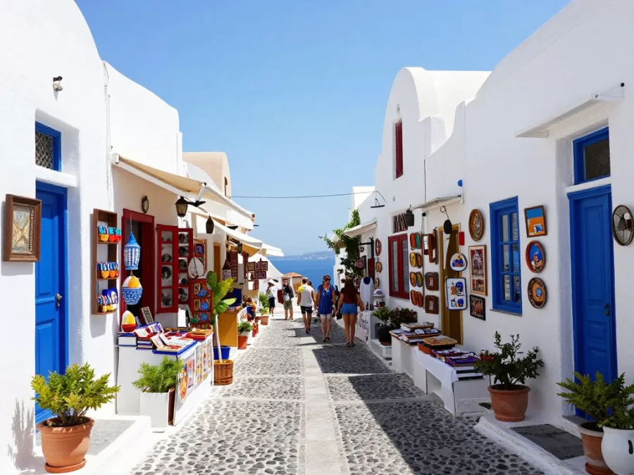 Traditional narrow streets of Oia village in Santorini with local shops and restaurants