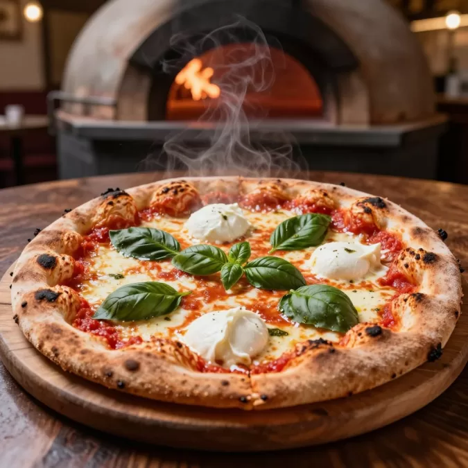 Traditional wood-fired pizza Margherita with buffalo mozzarella and basil