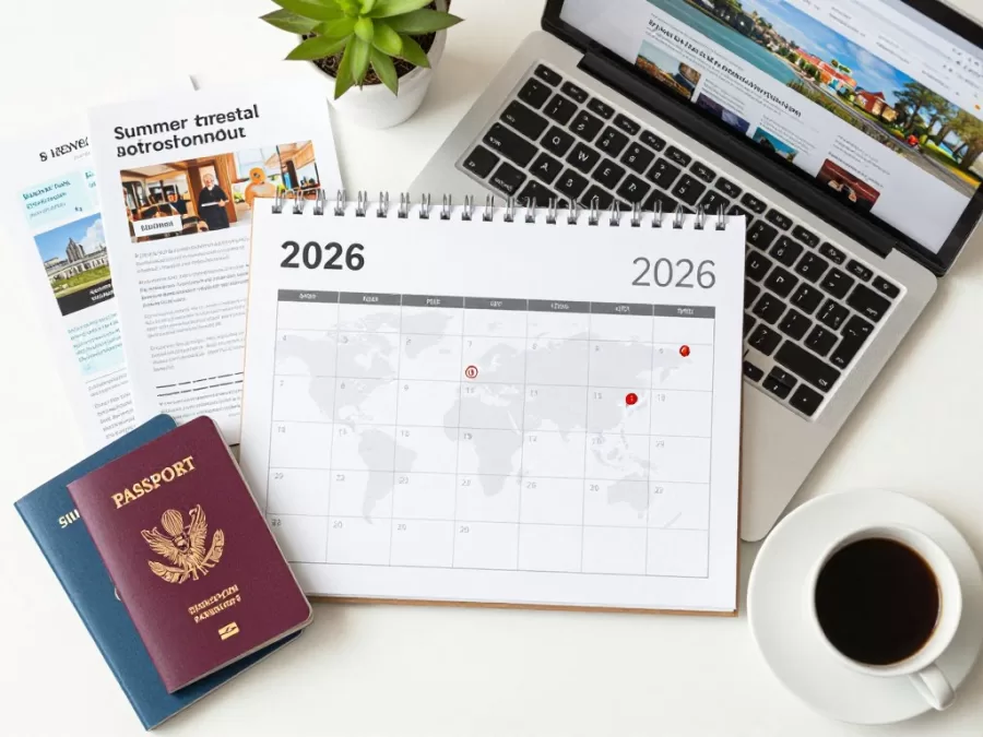 Travel planning concept with calendar marked summer 2026, world map, and travel documents