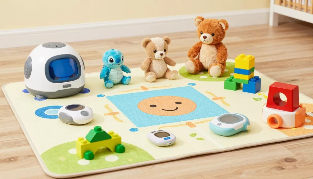 Trending toys for kids 2026 displayed on colorful play mat