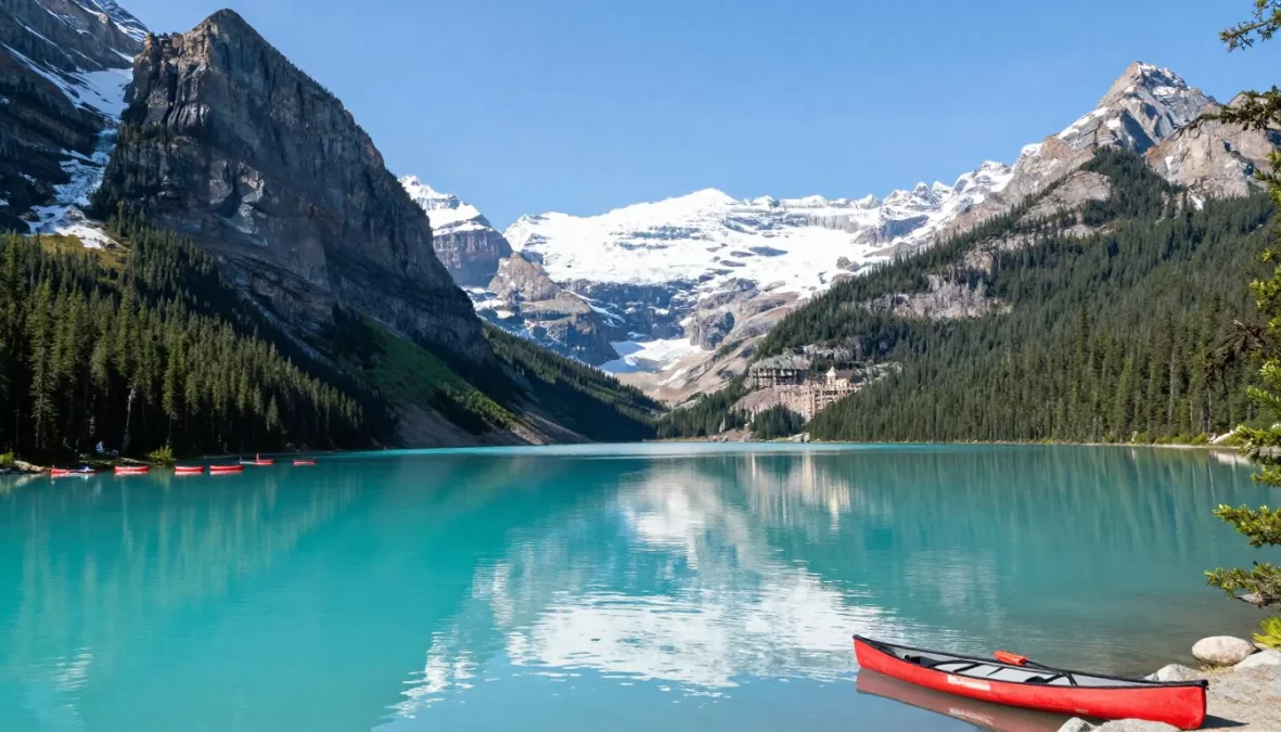 Turquoise Lake Louise surrounded by snow-capped mountains and forests in Banff National Park during summer