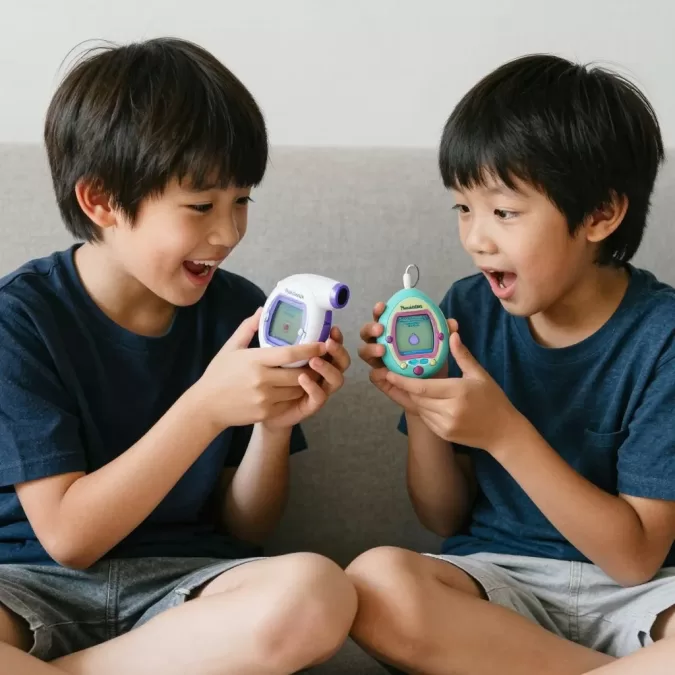 Two children connecting Tamagotchi Paradise devices together