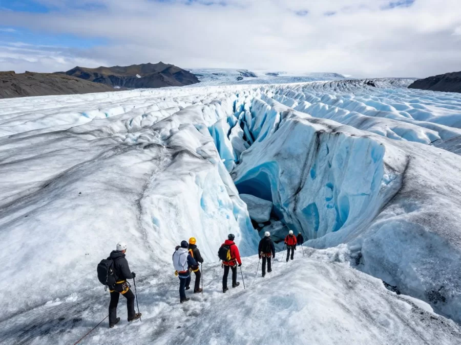Vatnajokull glacier in Iceland with ice formations and hiking trails during summer