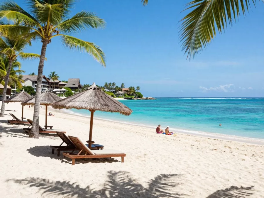White sand beach in Nusa Dua Bali with turquoise water and beach loungers