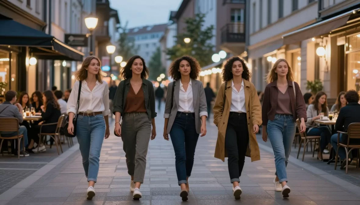Women walking safely at night in safe countries showing gender equality
