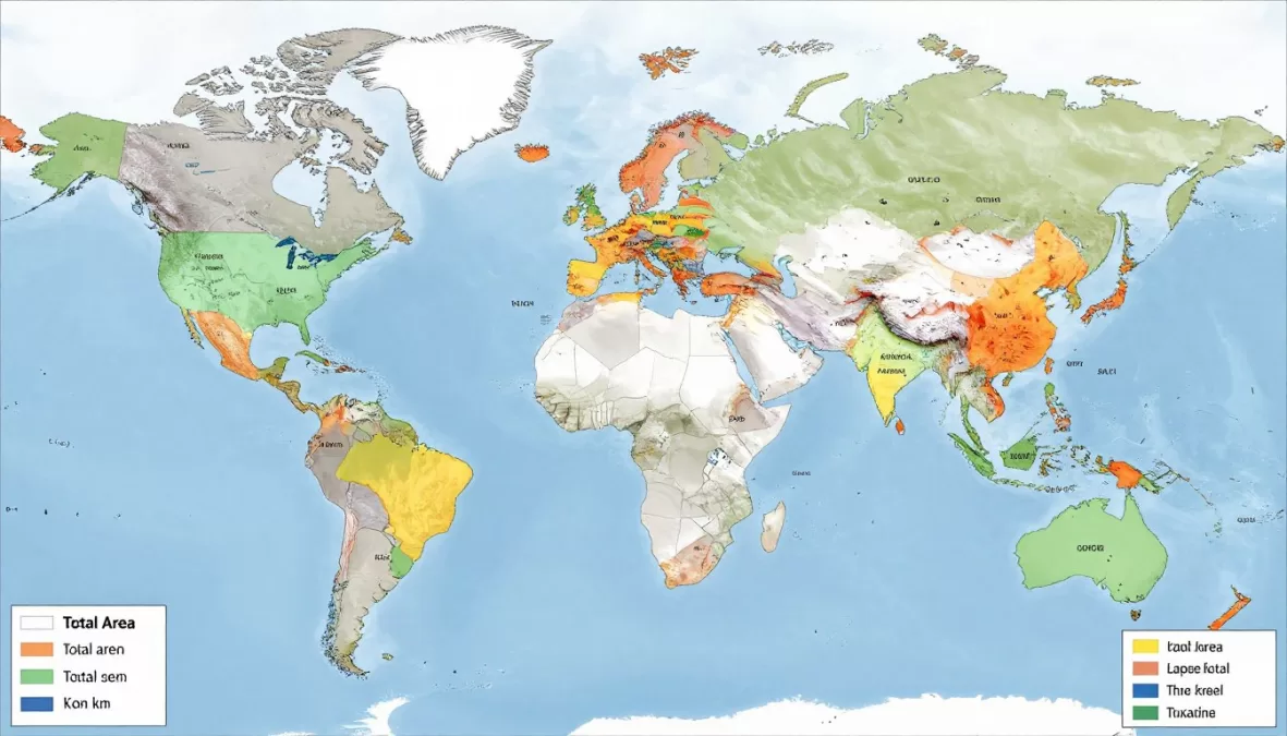 World map highlighting the largest countries in the world by area with color-coded territorial boundaries