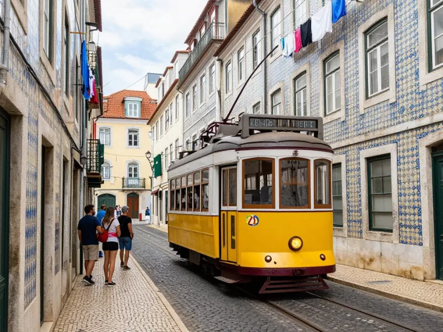 Yellow tram number 28 on narrow street in Alfama district Lisbon Portugal