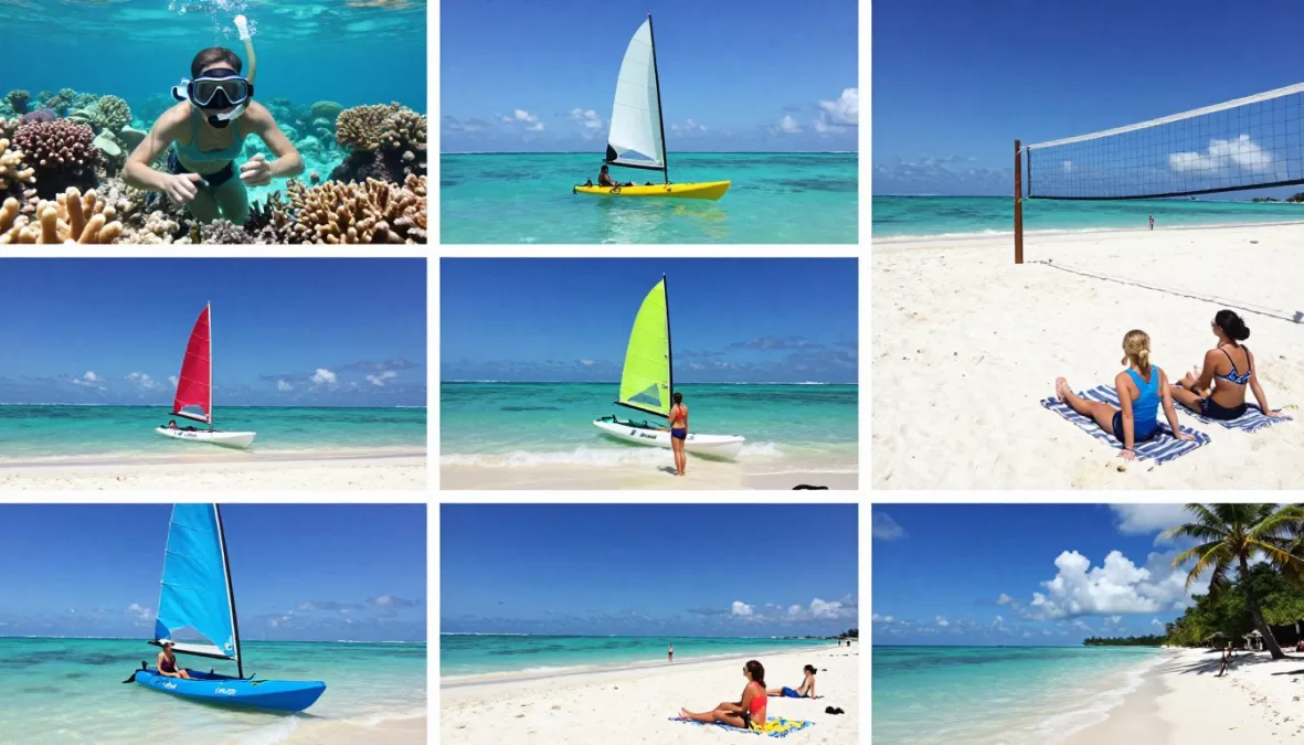 beach activities collage snorkeling swimming sailing kayaking