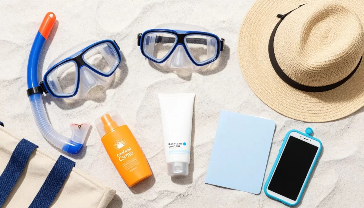 beach travel essentials packing tips sunscreen snorkel gear