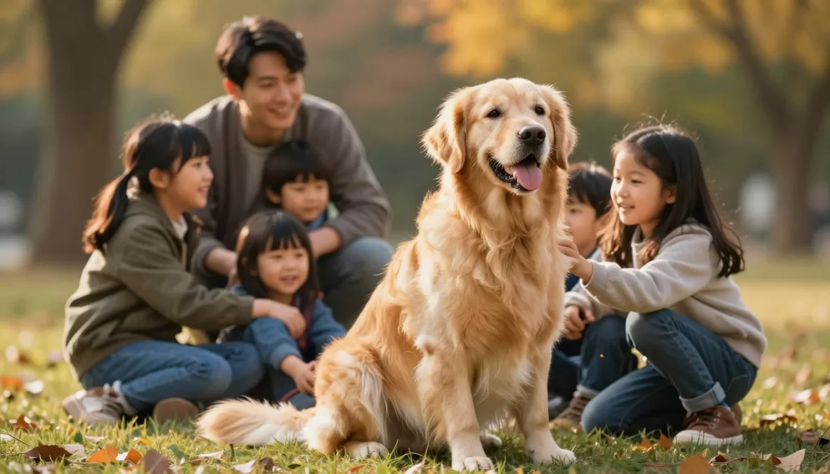 beautiful Golden Retriever dog breed with family outdoors