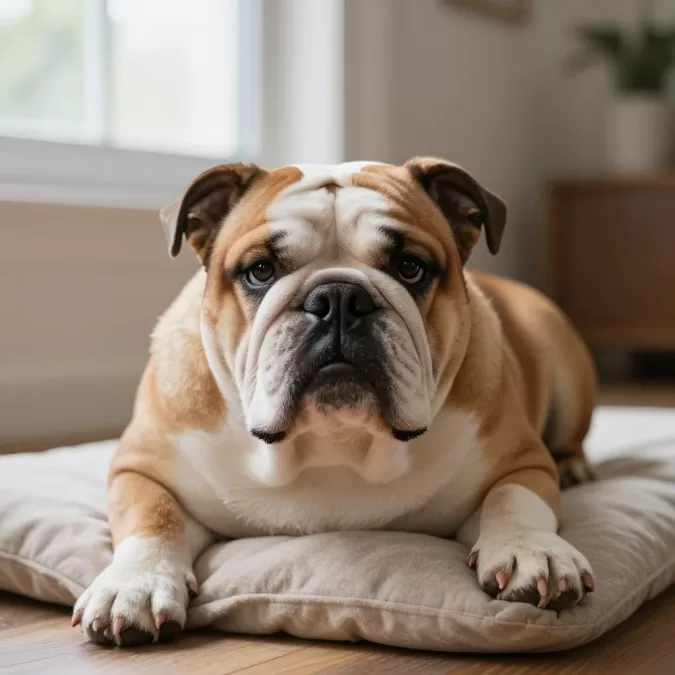 charming English Bulldog dog breed resting on comfortable cushions