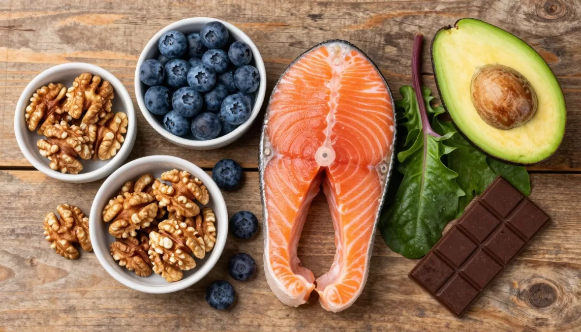 colorful arrangement of brain health foods including salmon, blueberries, walnuts, and leafy greens on wooden table