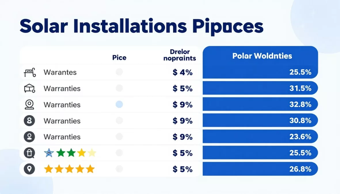 comparison chart of solar installer features and pricing