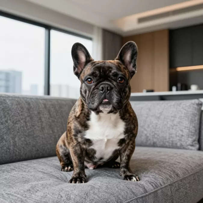 cute French Bulldog dog breed sitting in modern apartment interior