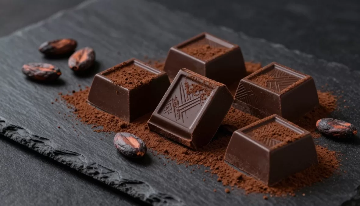 dark chocolate squares with cocoa powder and cacao beans showing brain health benefits