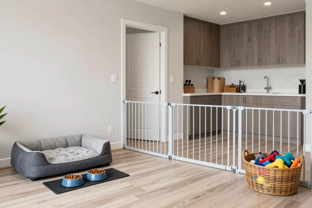dog-proofed home setup with pet supplies and safe environment