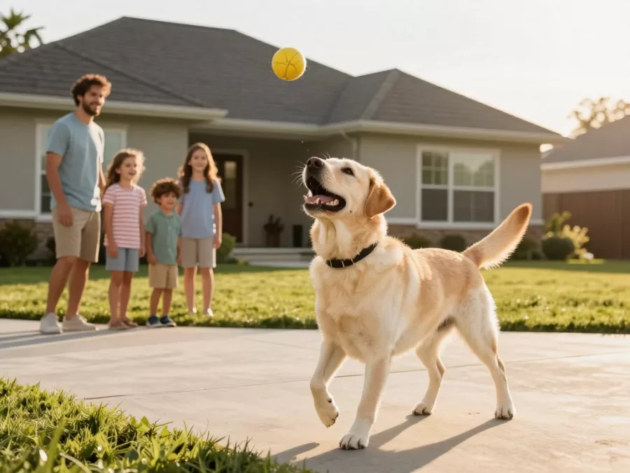 friendly Labrador Retriever dog breed playing with family in backyard