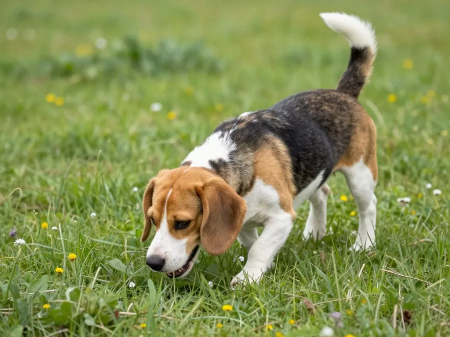 happy Beagle dog breed exploring outdoors with nose to ground