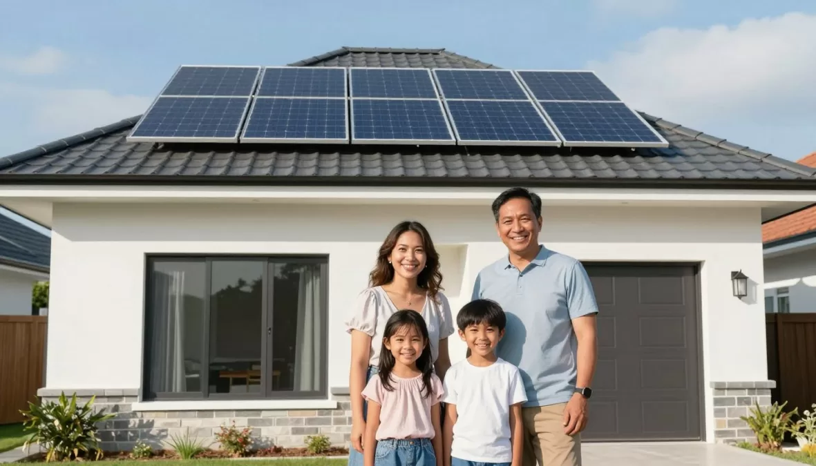 happy Filipino family with solar panels on their home