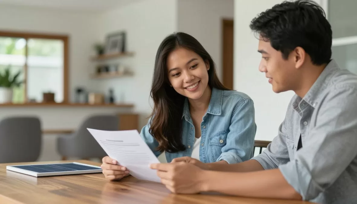 homeowner reviewing solar installation contract with installer