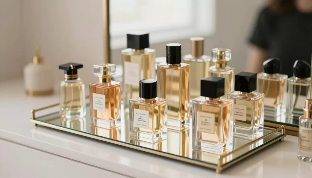 perfume collection wardrobe multiple bottles organized display