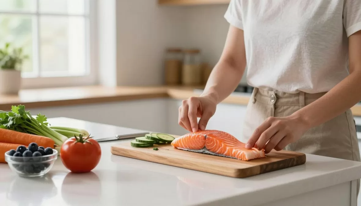 person preparing healthy brain food meal in kitchen showing commitment to cognitive wellness