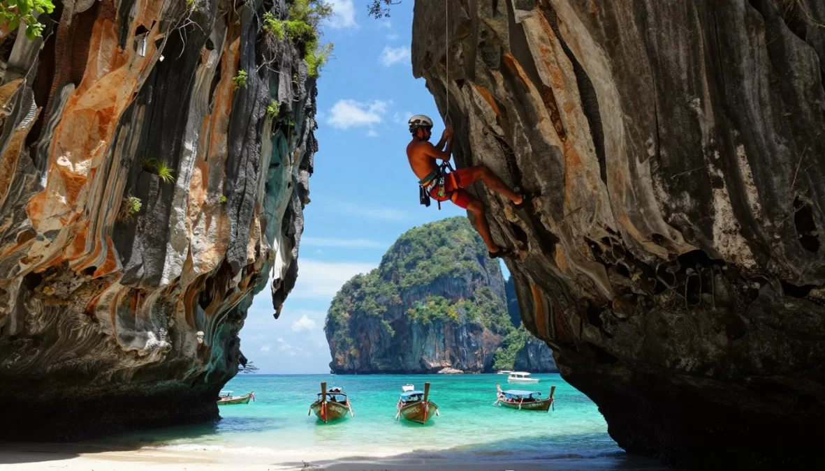 rock climbing Railay Beach limestone cliffs climbers Thailand